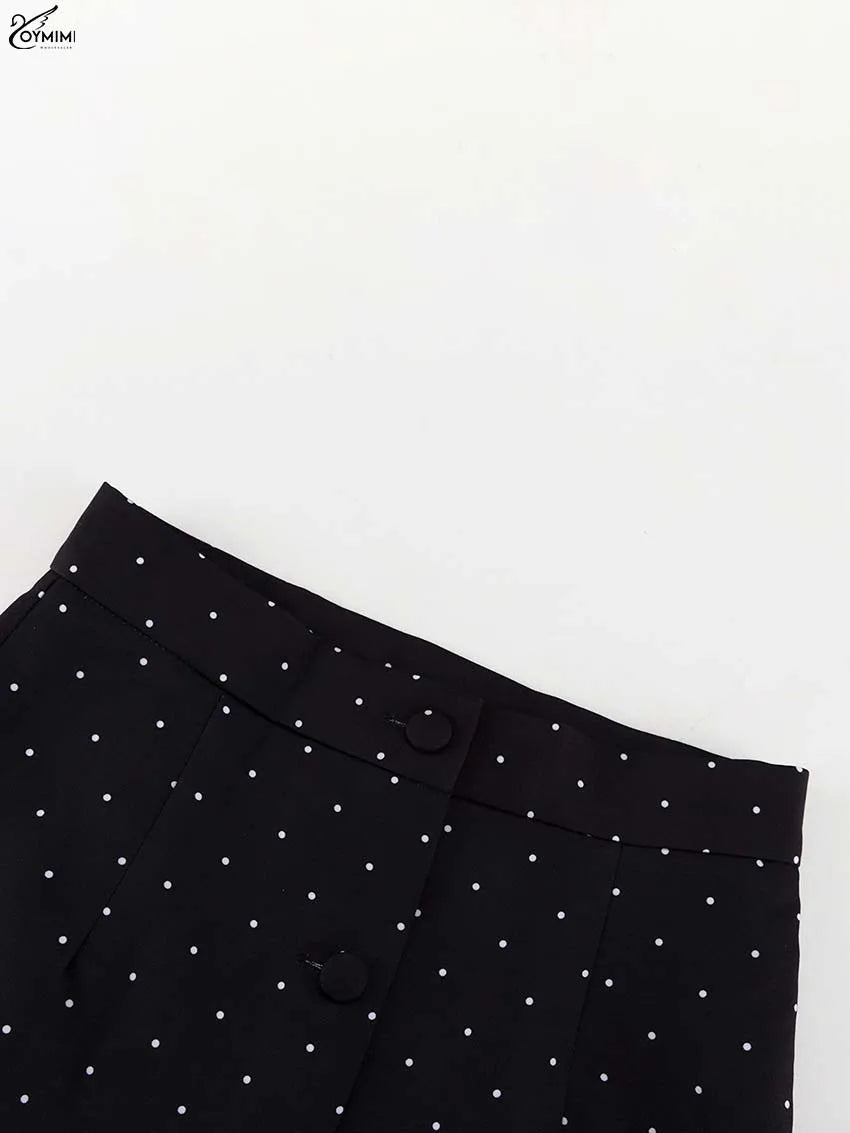 Oymimi Fashion Black Print Two Piece Outfits Woman Elegant Short Sleeve Button Blouses And High Waisted Slim Mid-Calf Skirt Sets