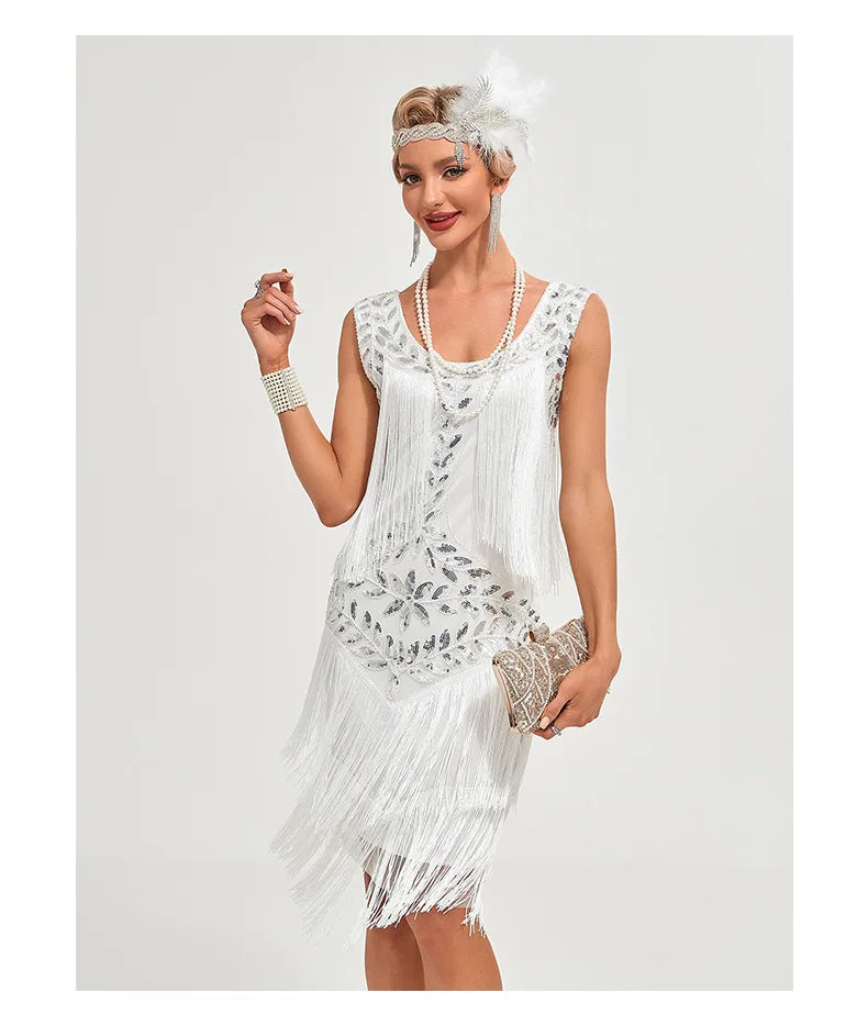 Sequined Beaded Embroidery O Neck Knee Length Dress for Women
