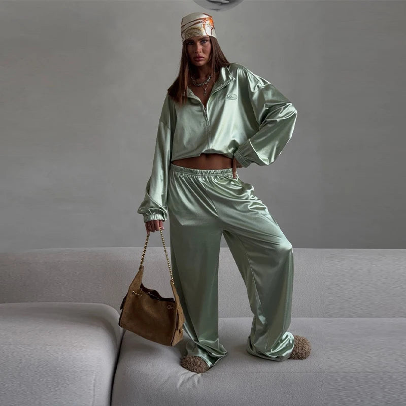 Loose Solid Satin Two Piece Pants Set With Zipper Jacket For Women