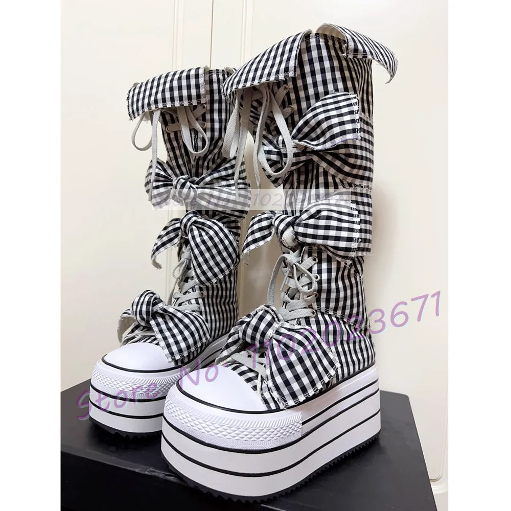 Bowknots Thick-sole Long Canvas Shoes Women Trendy Round Toe Cool Plaid Shoes Girl's Lolita Sweet Lace-up Platform Tall Boots