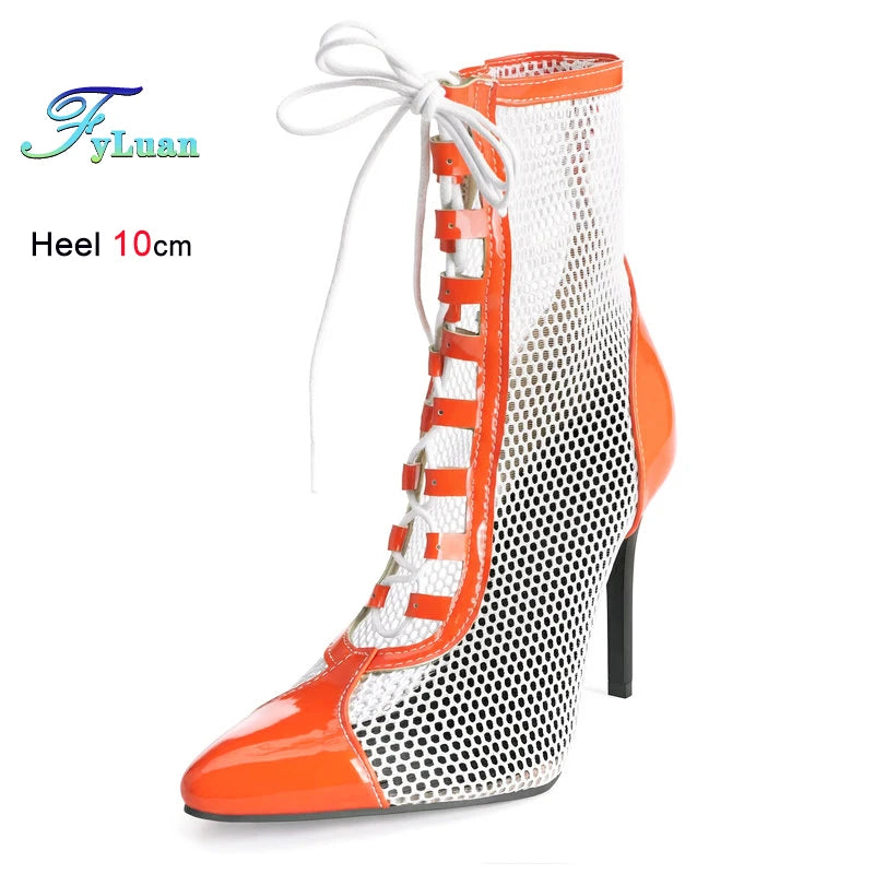 Breathable Mesh Pointy Toe Lace Up Thin Heel Ankle Boots for Women