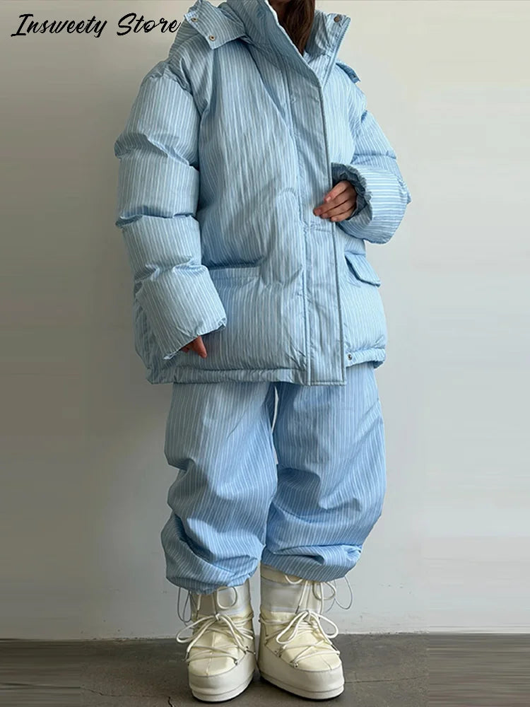 Striped Hooded Puffer Jacket and Wide Leg Pants Set for Women