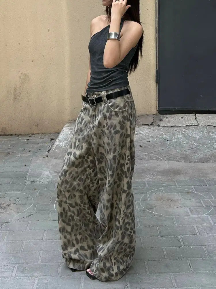 American Vintage Washed Leopard Print Wide Leg Jeans Women Stylish High Street Baggy Jeans Hip Hop Hot Girls Y2k Trousers