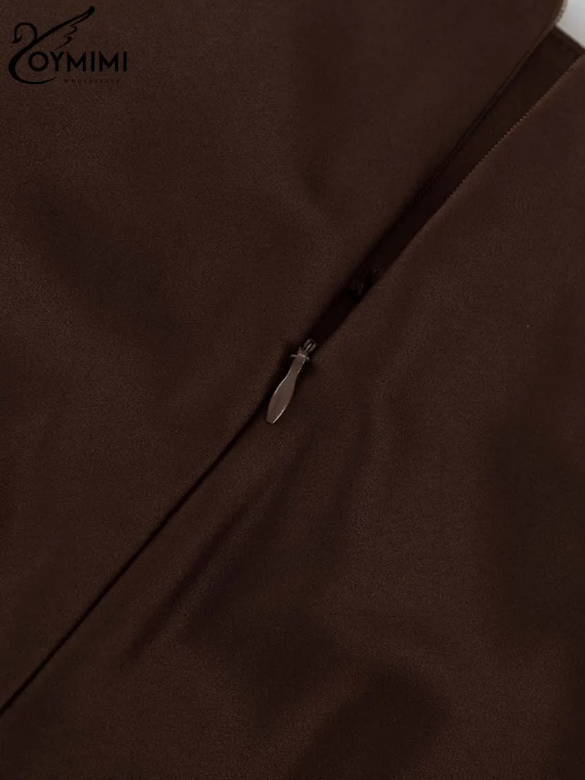 Oymimi Elegant Brown O-Neck Womens Dresses Fashion Short Sleeve Slim Solid Dresses Casual Slim Floor-Length Dress Streetwear