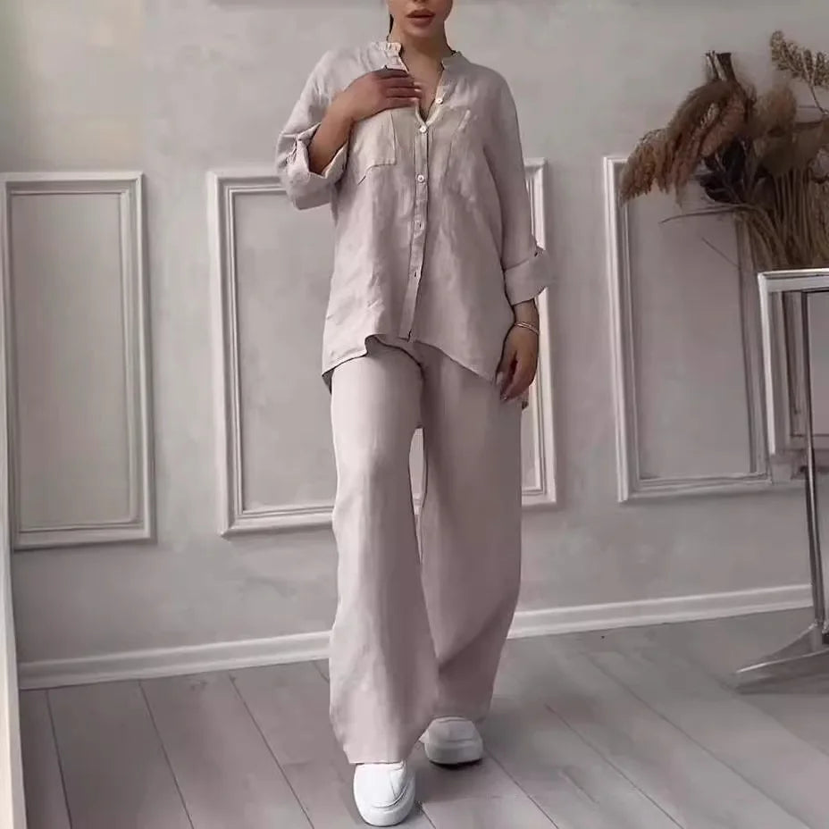 Loose Cotton Linen Shirt And Wide Leg Pants Set For Women