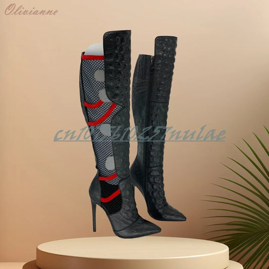 Hollow Net Design Mutilcolor Mid Calf Boots Side Zipper Stiletto High Heel Party Fashion Women Shoes 2025 Summer New Para Mujere