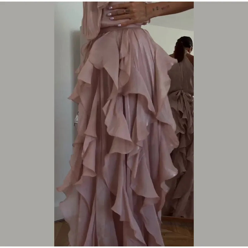 Cascading Ruffle Pleated Maxi Dress with Lace Up for Women