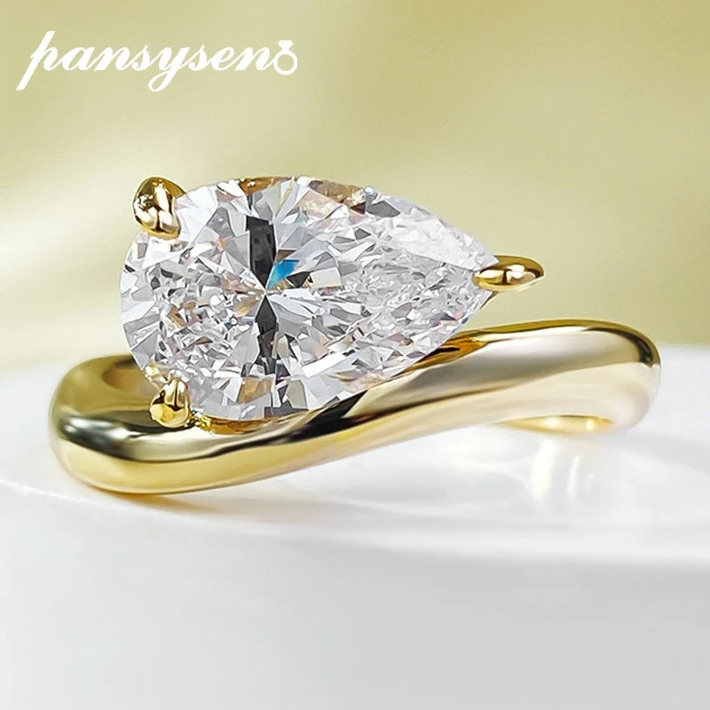 PANSYSEN 3CT Pear Cut White Sapphire High Carbon Diamond Ring for Women 925 Sterling Silver Plated 18K Gold Wedding Fine Jewelry