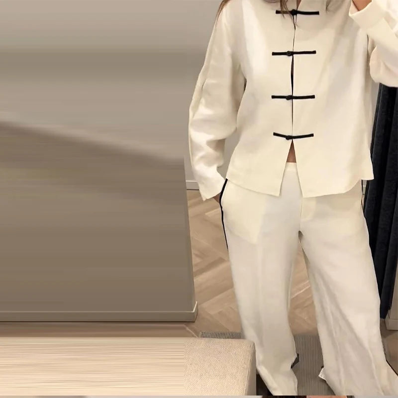Casual Cotton Coat And Wide Leg Trouser Set for Women