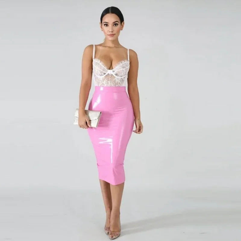 Plus Size 4XL 5XL Bodycon Midi Skirts Women PVC Patent Leather Back Zip Club Skirt PU Business Classic Clothing NEW Custom