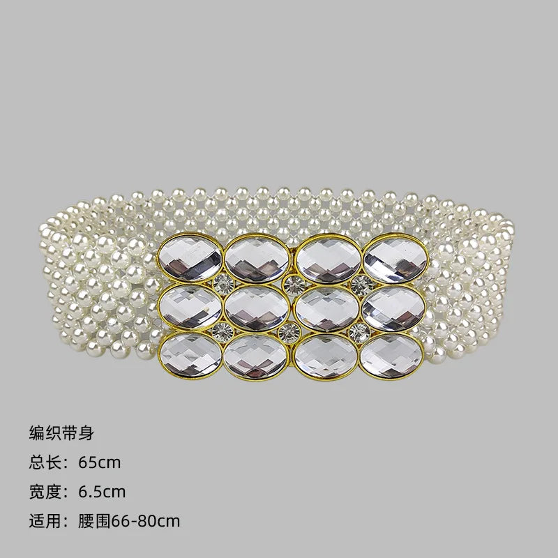 Pearl Embellished Elastic Waist Chain Belt for Women