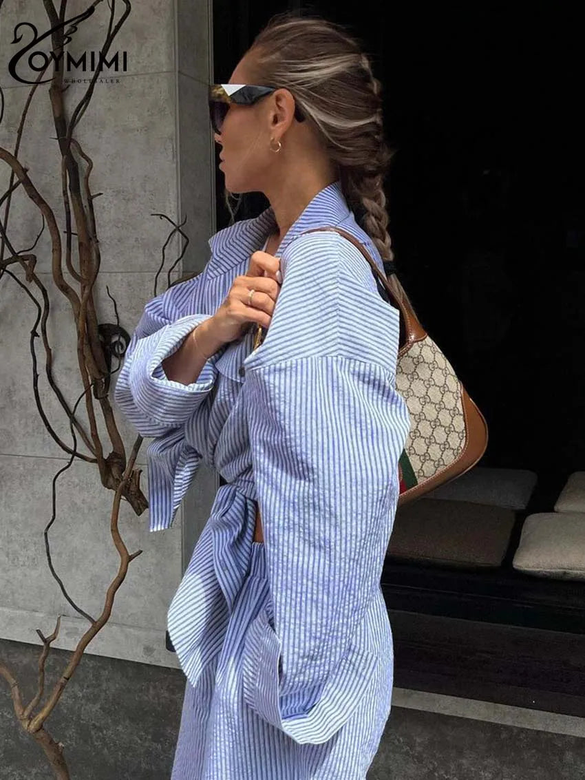 Oymimi Casual Dark Blue Print Women's Two Pieces Set Elegant Long Sleeve Button Shirt And Low Waist Straight Trousers Female Set