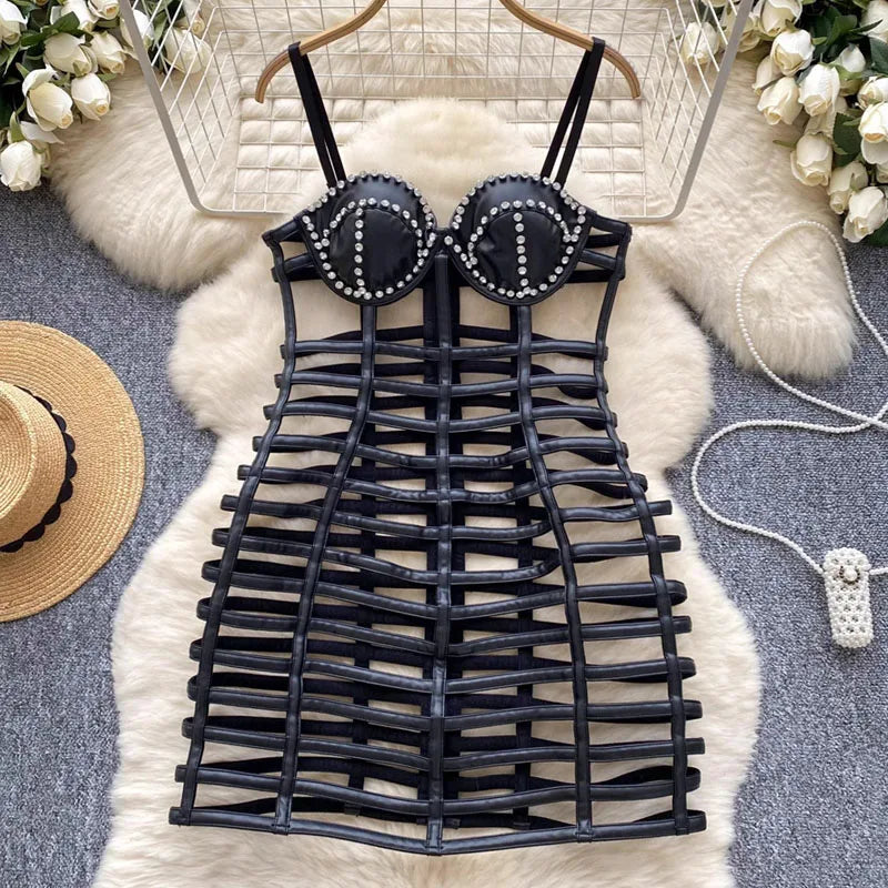 Hollow Cut Out Rhinestone Strapless Suspender PU Leather Dress for Women