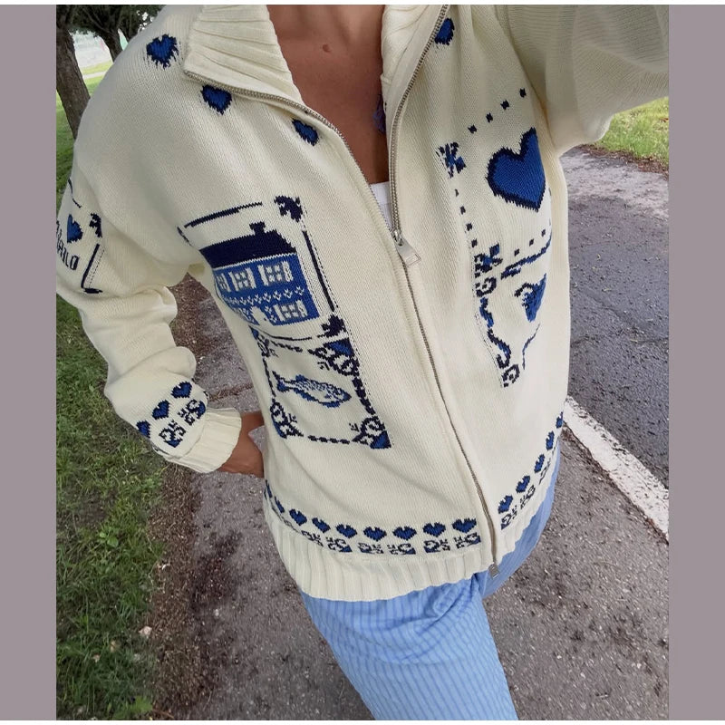 Blue Jacquard Stand Collar Zipper Cardigan for Women
