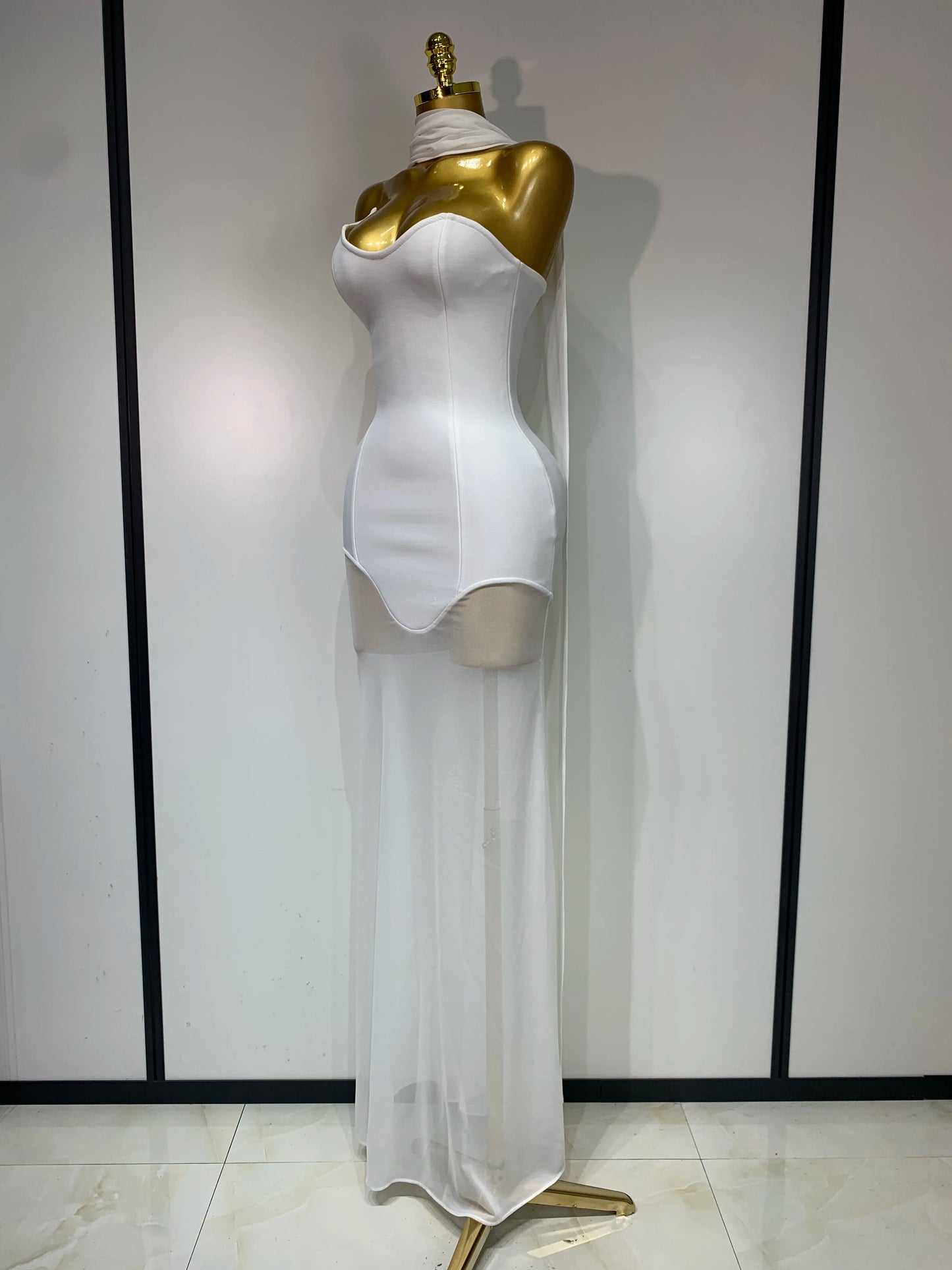 Sexy Strapless Long Bandage Dress Black Mesh Patchwork Elegant Women Blackless Evening Party Gowns Bodycon Birthday Dresses