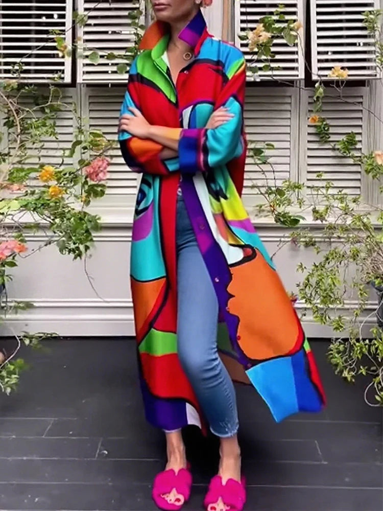 Women's Autumn Shirt Outwear Stylish Abstract Printed Long Sleeve 2025 New Loose Single Breasted Casual Long Jackets