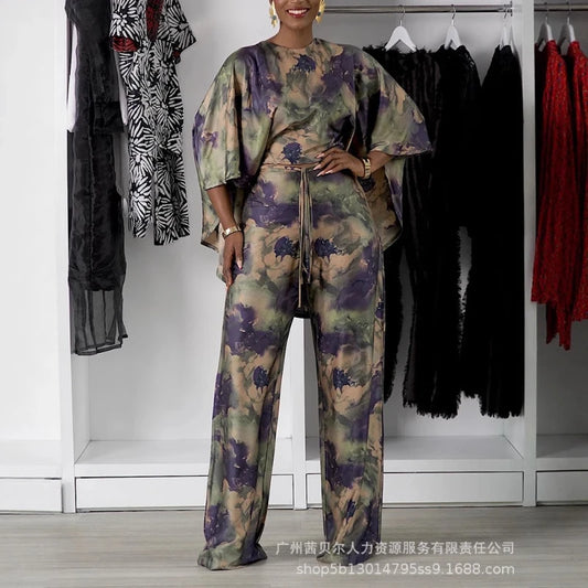 Pant Set Women Two Piece Sets Matching Sets Bat Sleeve Print Floral Tops Wide Leg Long Pants High Waist Casual Y2k Streetwear