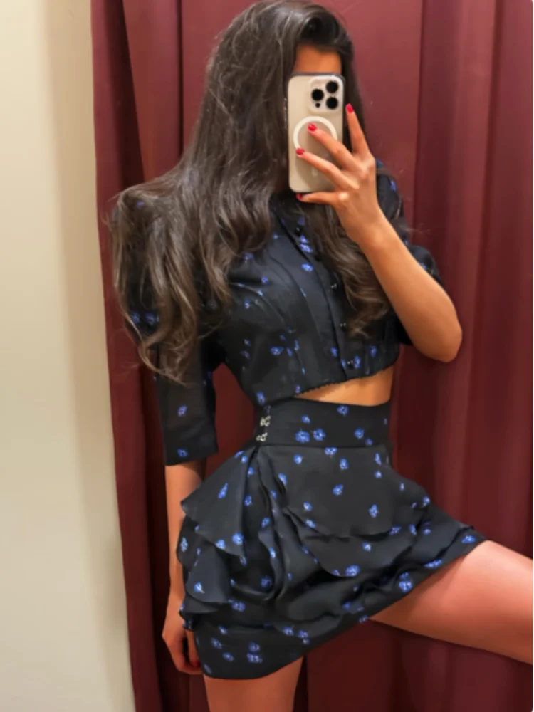 Floral Puff Sleeve Top and Mini Skirt Set for Women