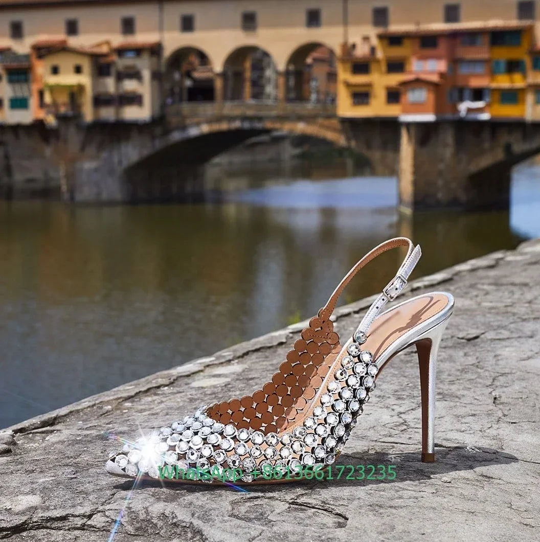 Rhinestone Pointed Toe Slingback Stiletto Sandals For Women