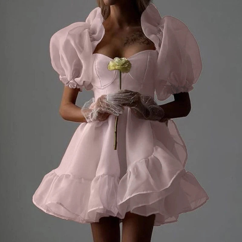 Puff Sleeve High Waist Pink Ruffle Dress for Women