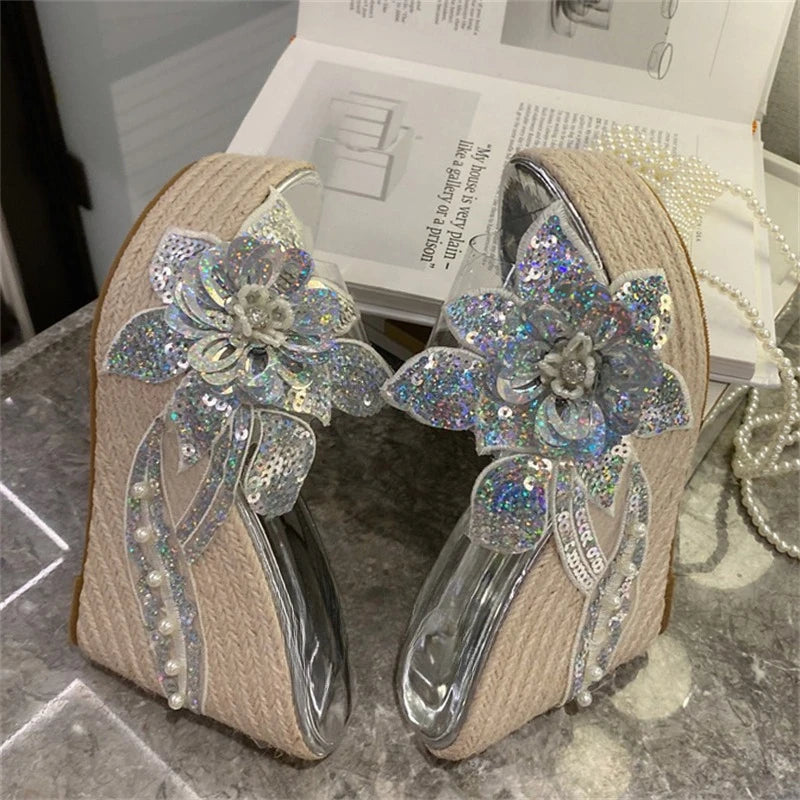 Sequined Flower Design Platform Wedge Sandals for Women