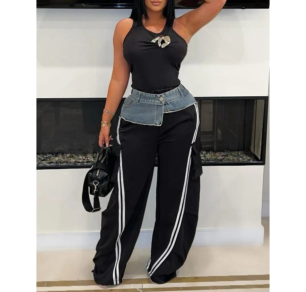 Women's Denim Patchwork Pockets Cargo Pants Side Stripes Wide Leg Casual Streetwear Sweatpants Sports Wear