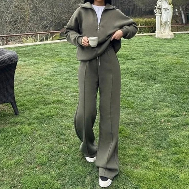 KUCLUT 2025 Autumn Fashion Sport Style Two-pieces Set For Women Half-Zip Pullover Sweatshirt Drawstring Long Casual Pants 1A1109