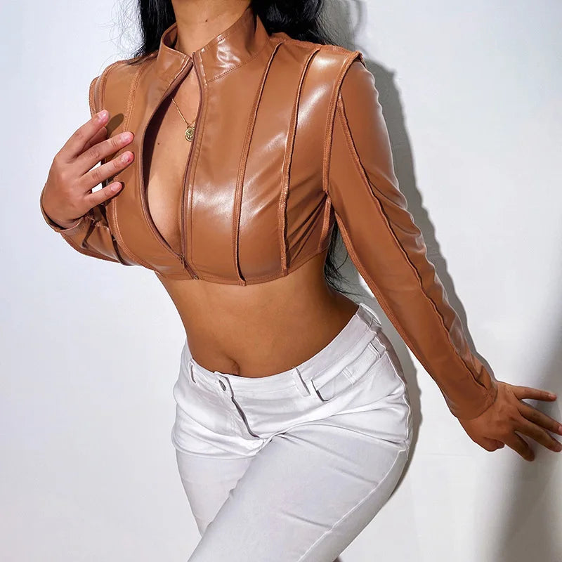 Sexy PU Leather Crop Tops Women Fashion Zipper Slim Fit Stand Collar Long Sleeve Jackets High Street Solid Punk Female Coats