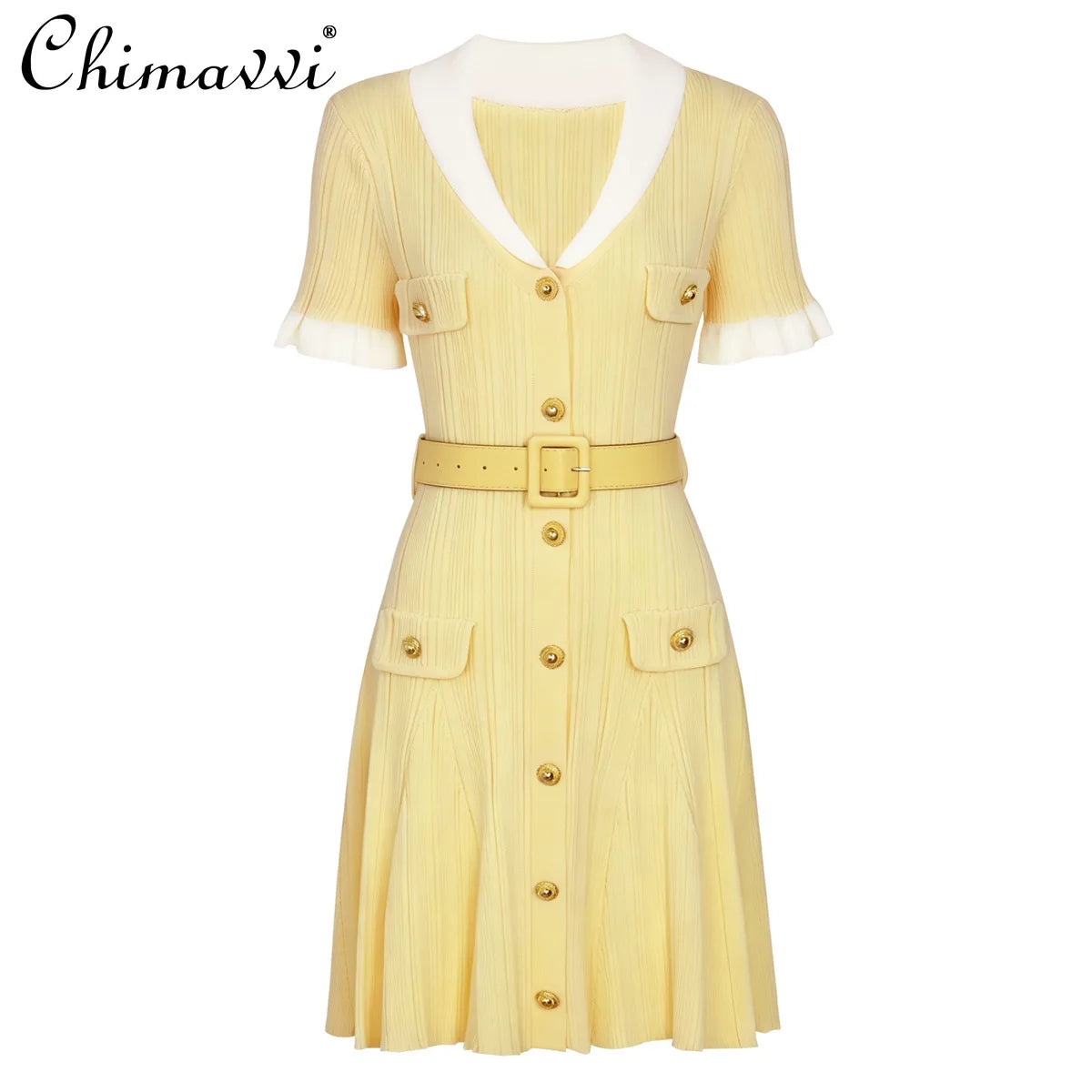 High-end Fashion Cropped Knit Dress New Autumn 2026 Women Short Sleeve High-waisted Belted Slim-fit Elegant Short Dresses