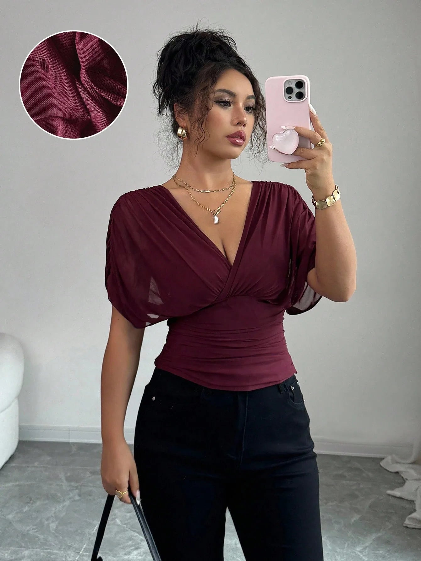 Elegant Deep V Neck Flutter Sleeve Waist Cinching Top for Women