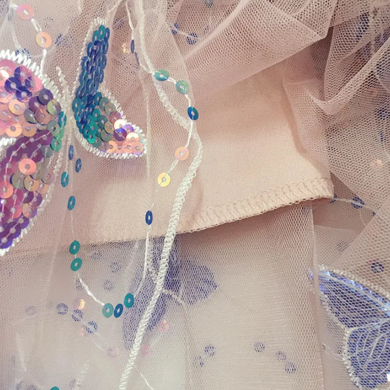 Pink Tulle High Waist Iridescent Sequin Butterfly Embroidery Skirt for Women