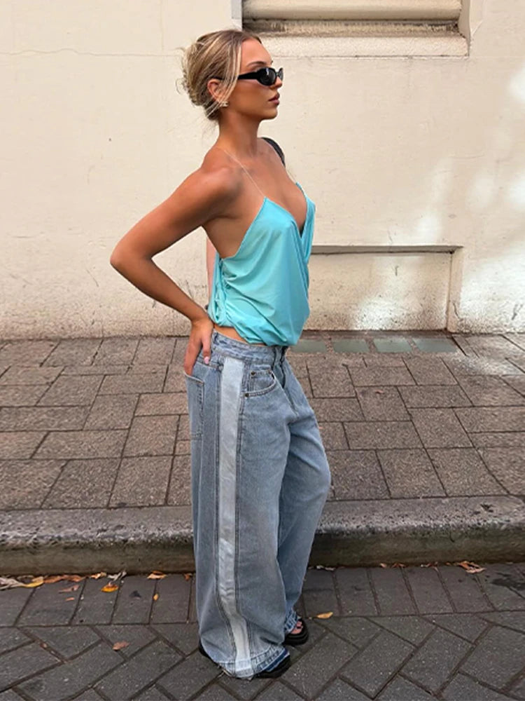 Loose Pleated Halter V Neck Backless Camisole Top for Women