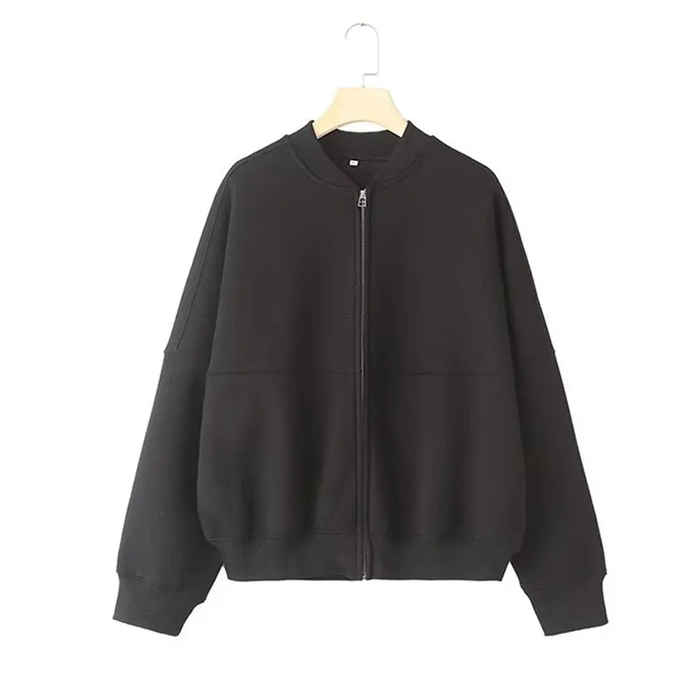 Retro Zipper Bomber Jacket and Velvet Pants Two Piece Set for Women