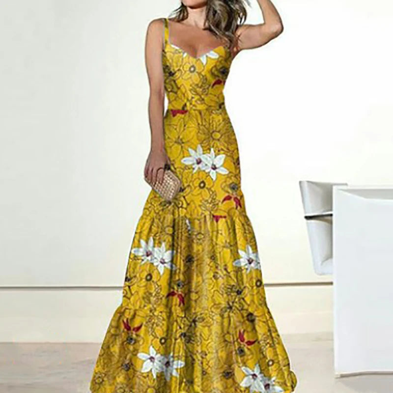 Floral Print Sleeveless A-Line Maxi Dress for Women