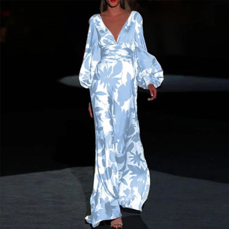 Printed Dress For Women V-neck Sexy High Waist Lantern Sleeve Ladies Fashionable Vestidos Autumn New Long Evening Dresses