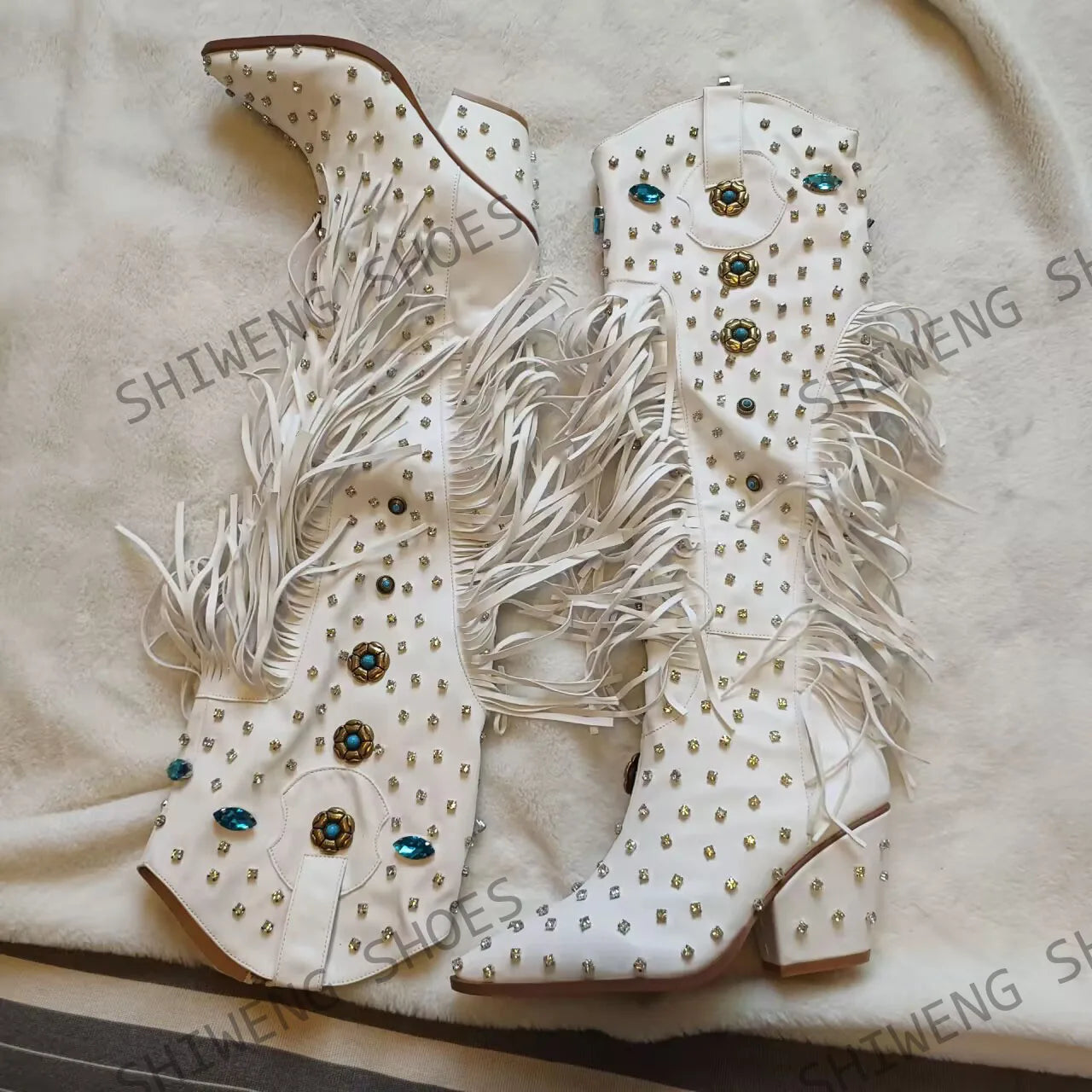 2025 Diamond Fringes Western Boots Women Sparkly Block High Heels Crystal Trim Shoes Ladies Winter Pointed Toe Knee High Boots