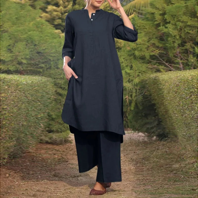 V Neck Shirt and Straight Pants Two Piece Set for Women