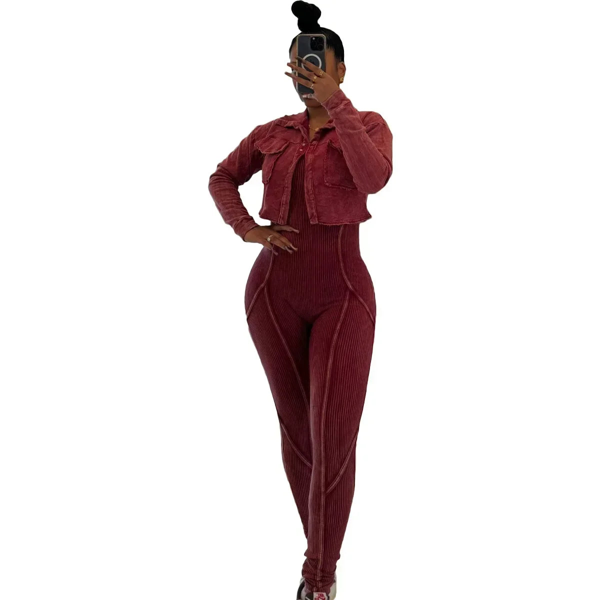 Washed Fabric Two Piece Knit Set