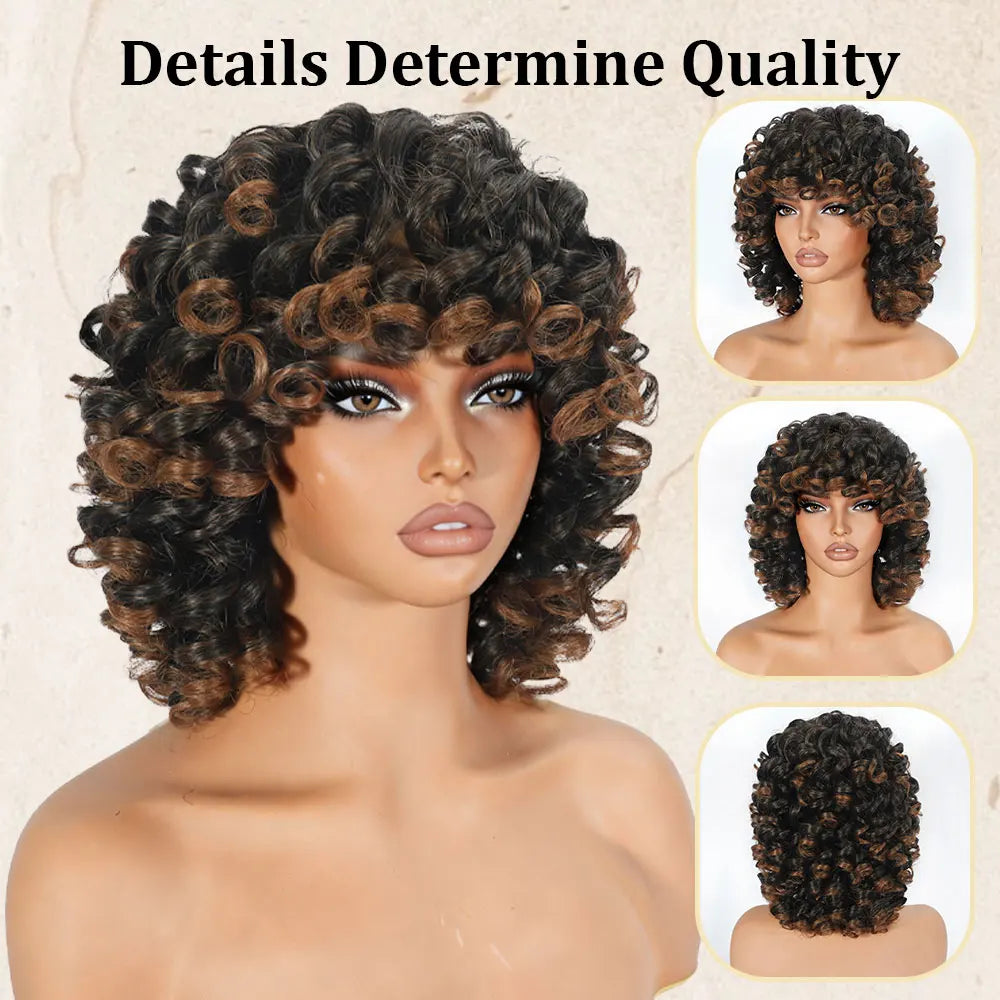 Glueless Ombre Brown Afro Curly Synthetic Wig for Women