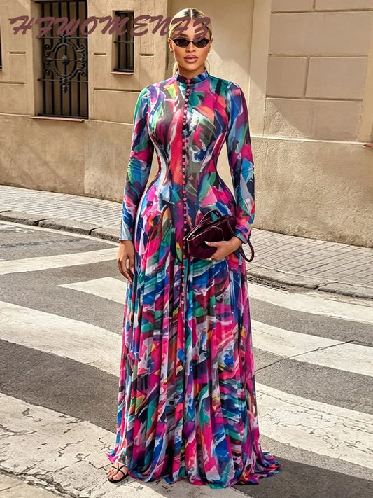 O Neck Printed Patchwork Maxi Dress