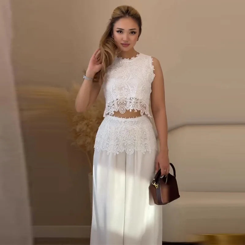 Elegant Crochet Vest And Wide Leg Pants Set for Women
