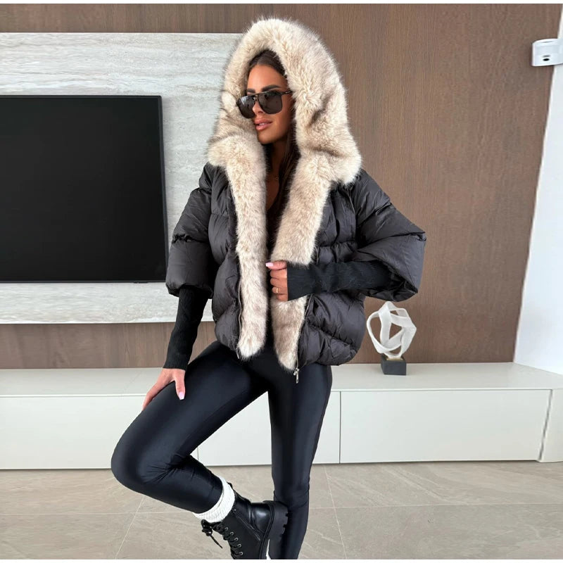 Vintage Women's Fur Coat Elegant Furs Collar Puffer Thicken Full Sleeve Jacket With Furs Female 2025 Autumn Winter Woman Coats