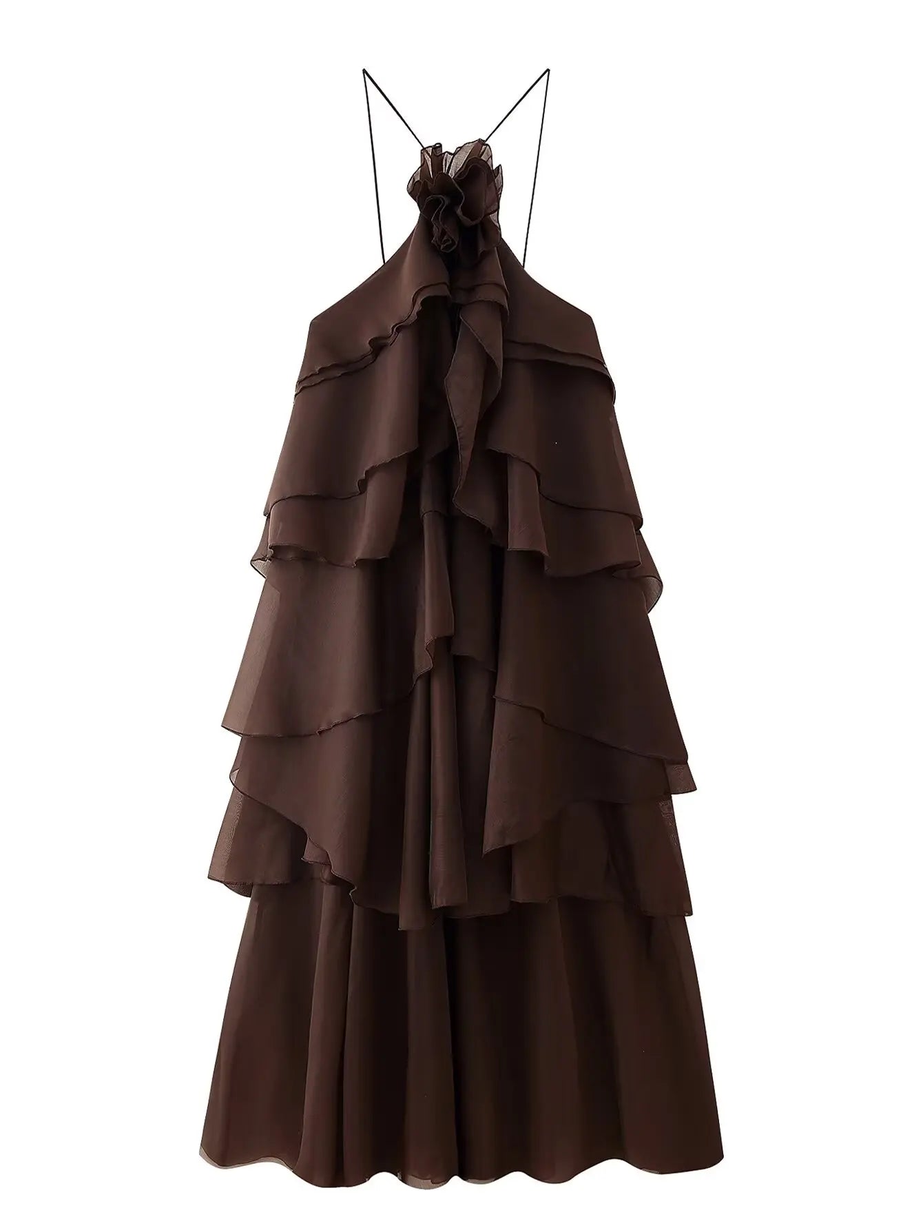 Backless 3D Flower Cascading Ruffle Halter Maxi Dress For Women