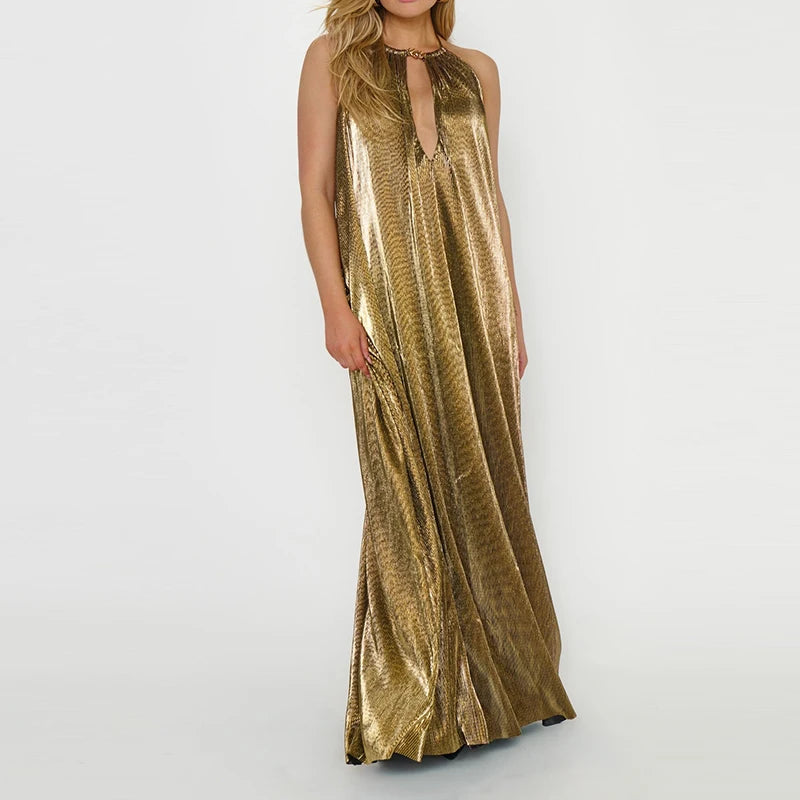 Metallic Halter Hollow Out Pleated Maxi Dress for Women
