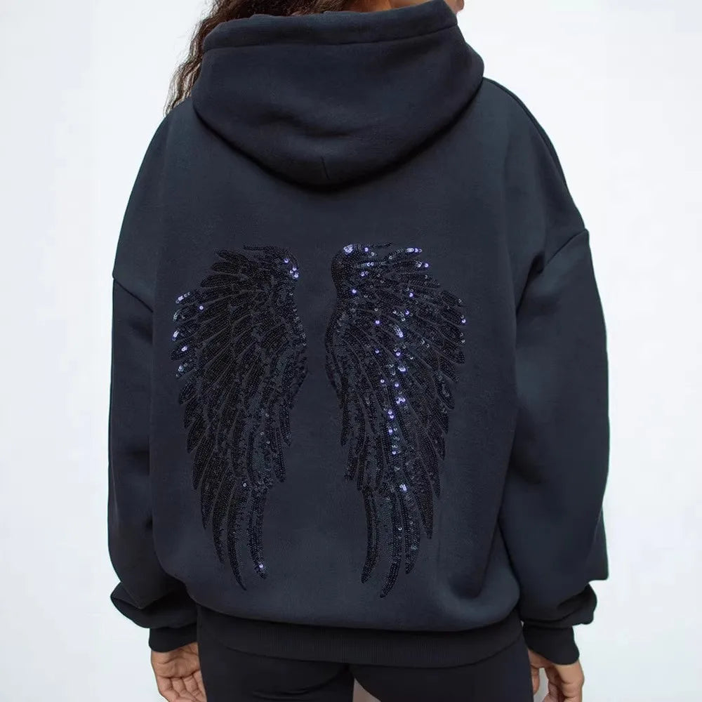 Wing Print Rhinestone Long Sleeve Pullover Hoodie for Women