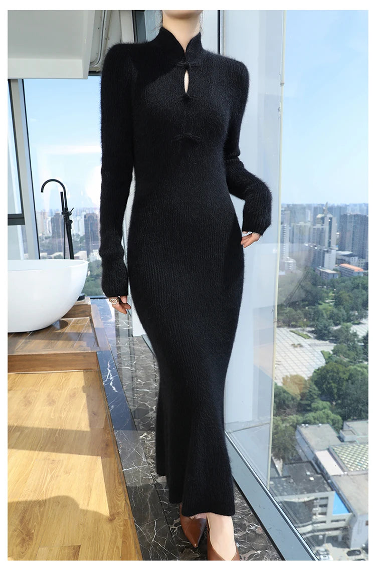 Stand Collar Ankle Length Fishtail Knit Dress for Women