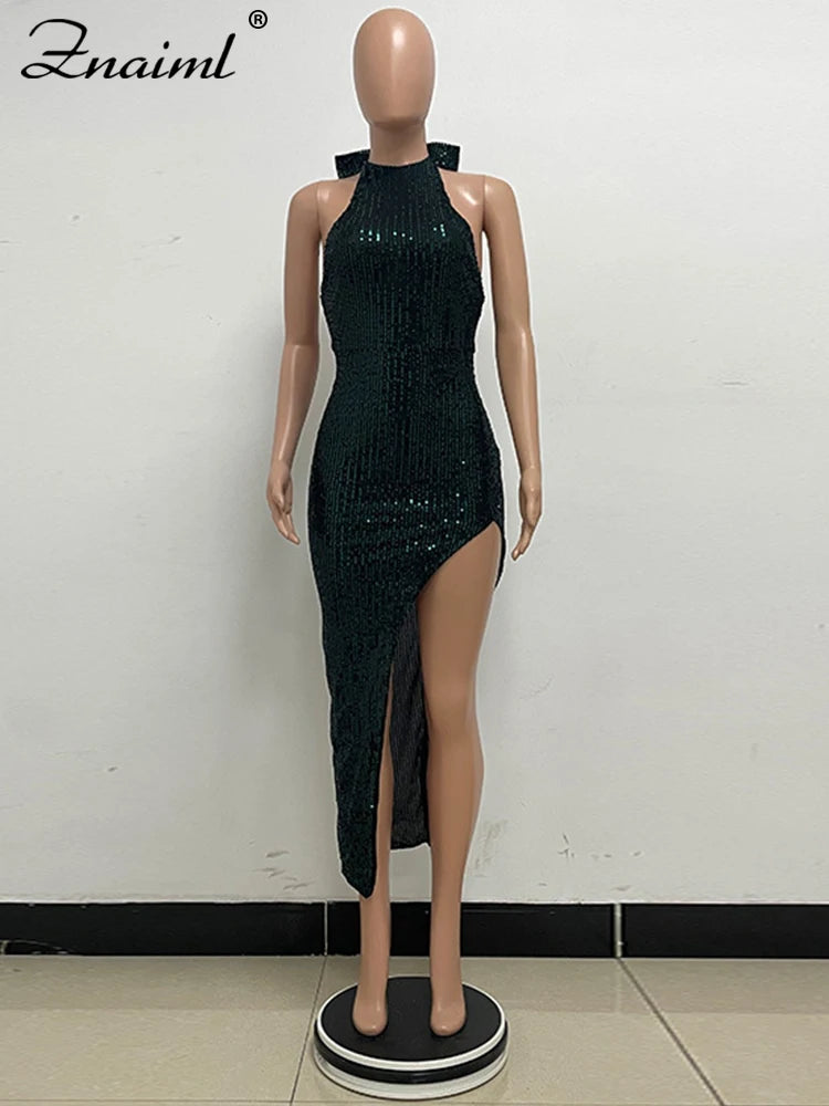 Znaiml Elegant Luxury Sequin Halter Big Bow Backless Long Dresses Women Sleeveless High Split Birthday Evening Wedding Vestidos