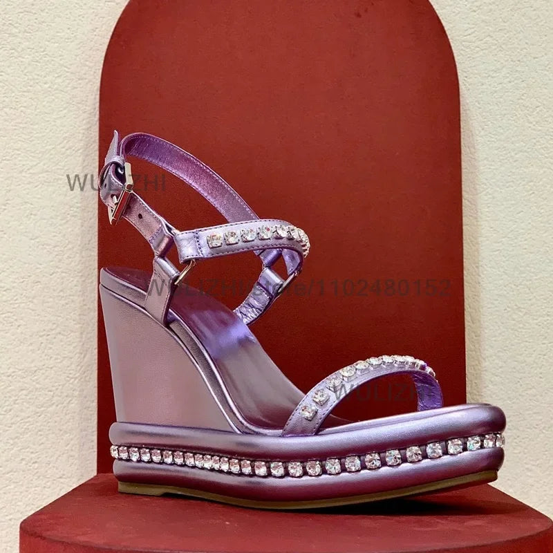 Crystal Border Purple Leather Wedge Platform Shoes for Women