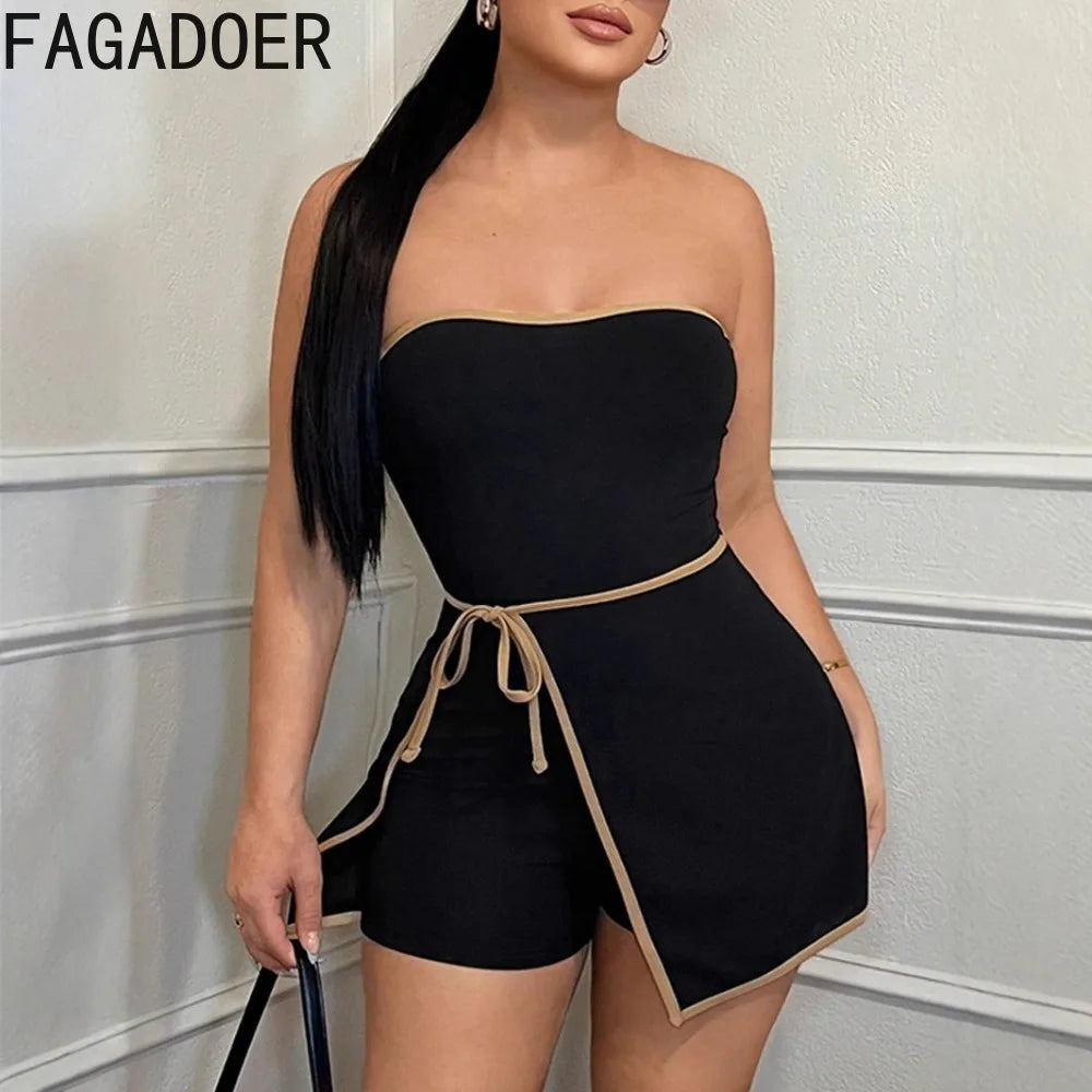 FAGADOER Sexy Striped Patchwork Bodycon Jumpsuits Women Solid Sleeveless Backless One Piece Rompers Female Streetwear Overalls