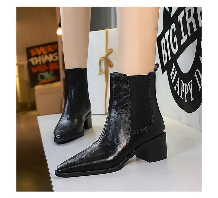 Black Pointed Toe Block Heel Ankle Boots